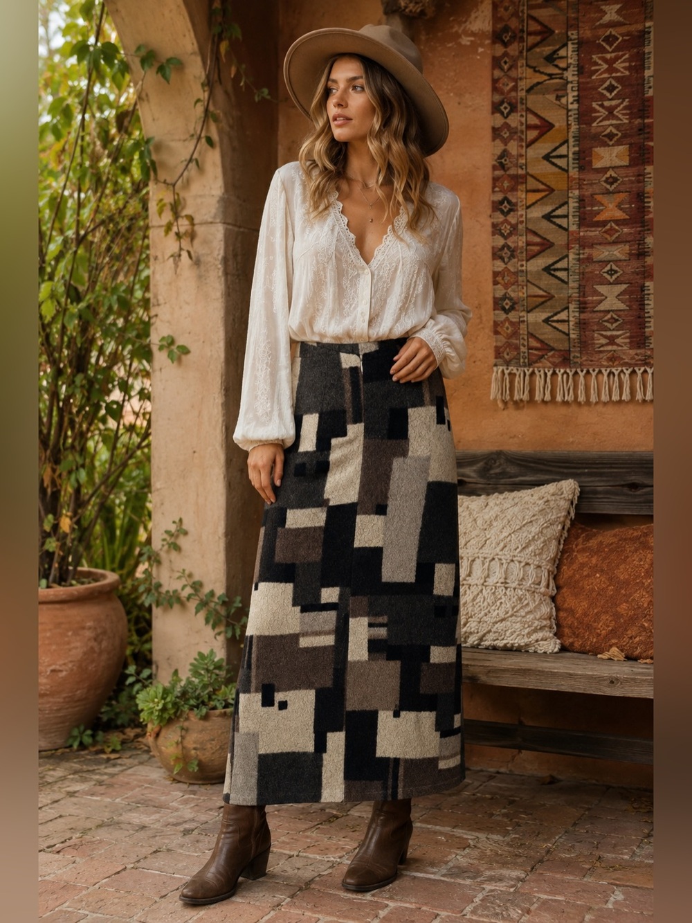 Vintage MONDI Wool Maxi Skirt XS 34 Geometric Abstract Colorblock Art to Wear